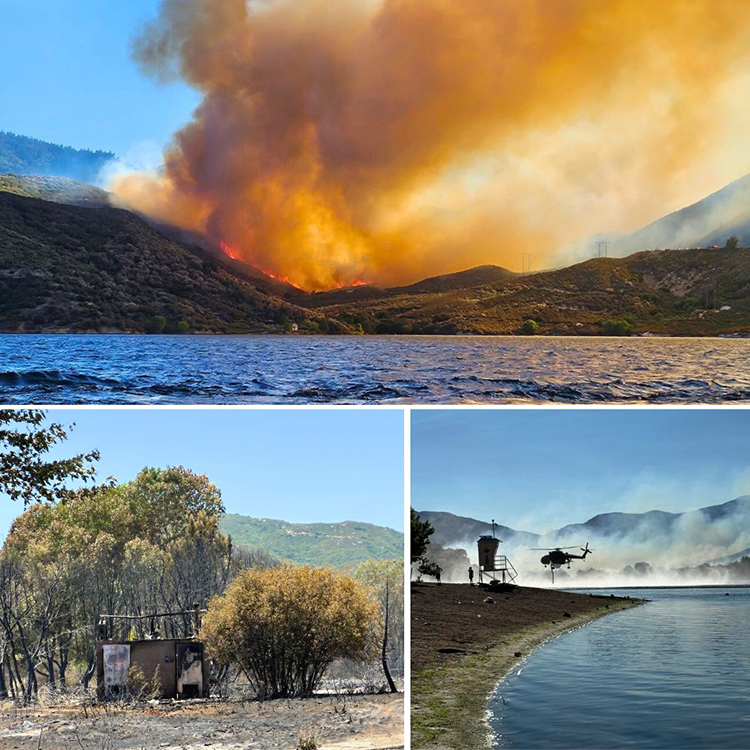 Clockwise from top: The Lake Fire burning above Chamise Cove near SR-138 Silverwood Lake Vista Point. A helicopter fighting the flames drawing water near Sawpit Beach. A restroom at Cleghorn Day Use destroyed by the Lake Fire. Photos from California State Parks.